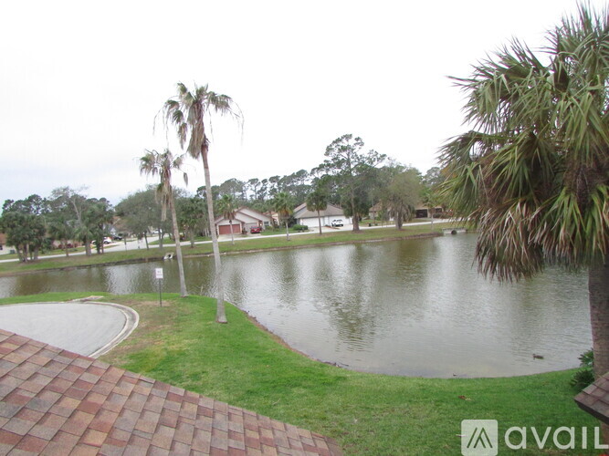 A pond with a brick walkway and palm trees in the background.