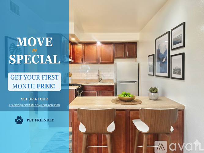 A kitchen with a counter and chairs is advertised for rent.