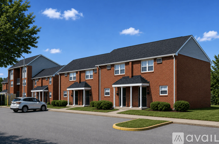A modern brick apartment building with a car parked in front.