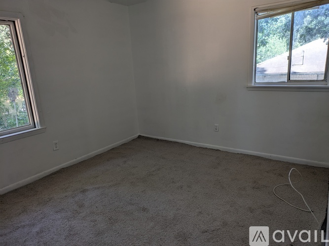 A room with a carpeted floor and two windows.