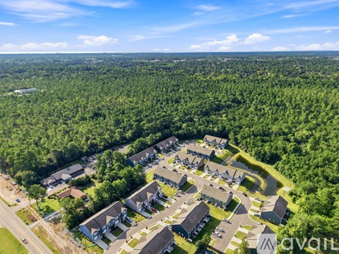A bird's eye view of a residential area surrounded by a dense forest.