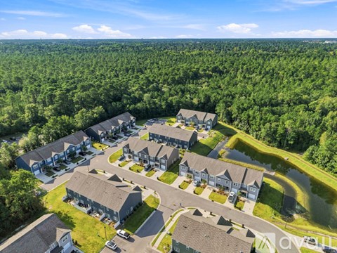 A bird's eye view of a residential area with houses and a forest in the background.