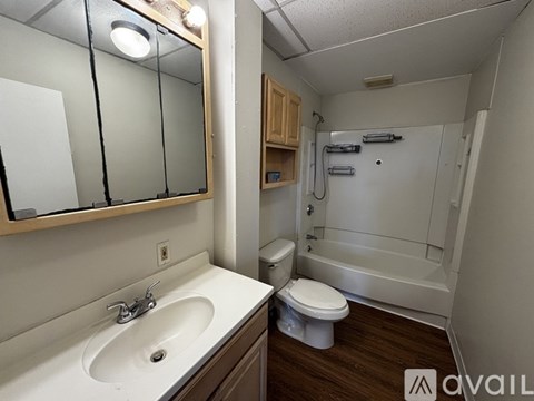 A bathroom with a sink, toilet, and bathtub.