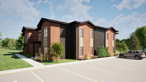 A rendering of a modern brick building with a parking lot in front.