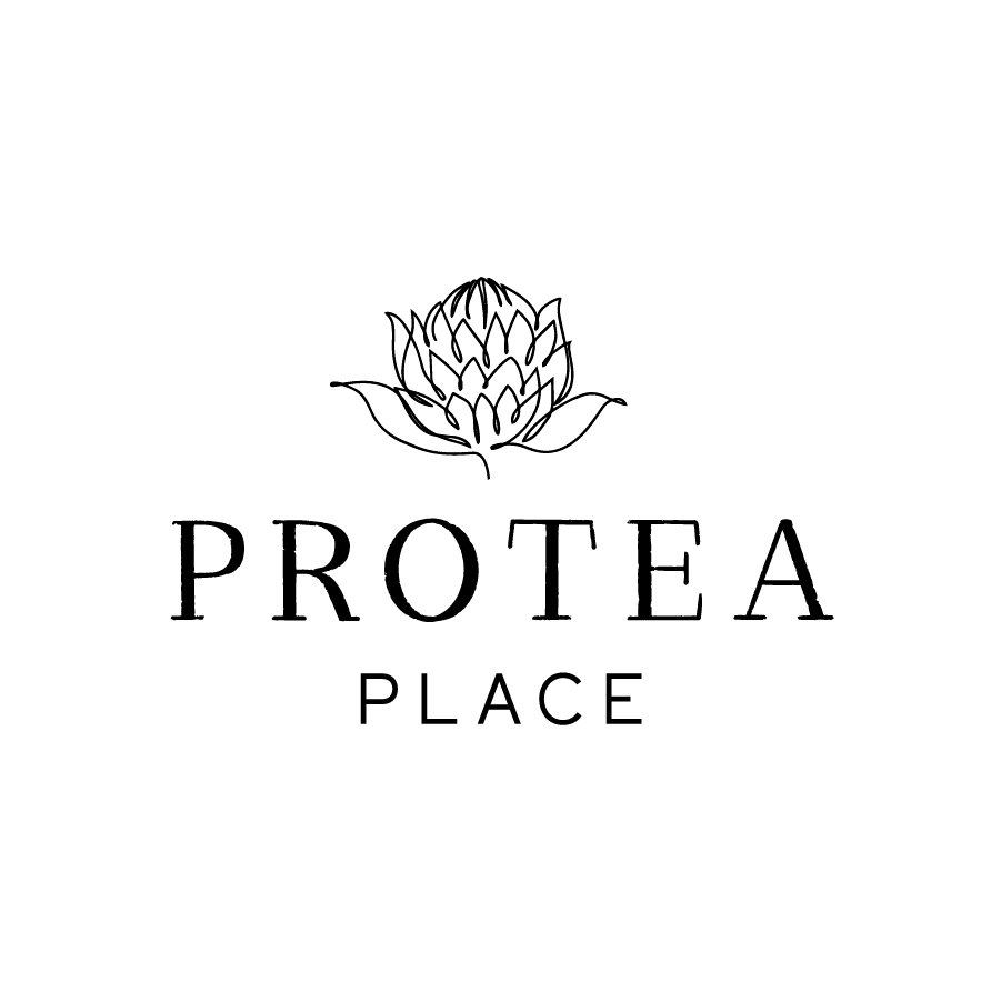 A logo with a lotus flower and the words "PROTEA PLACE" in black text.