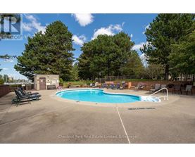 A pool surrounded by trees and chairs in a backyard.