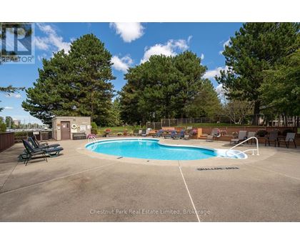 A pool surrounded by trees and chairs in a backyard.