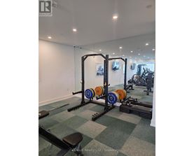A gym with a weight rack and weights.