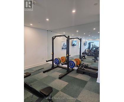 A gym with a weight rack and weights.