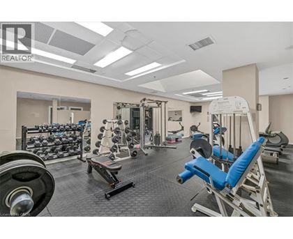 A well-equipped gym with various exercise machines and weights.