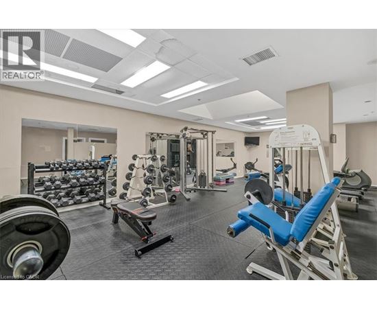 A well-equipped gym with various exercise machines and weights.