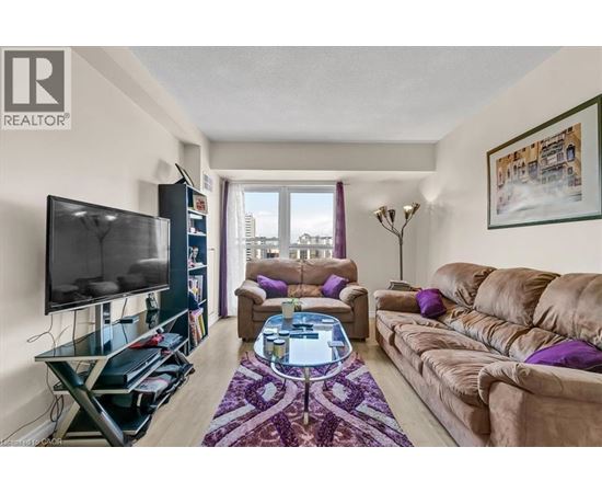 A living room with a purple rug and a brown couch.