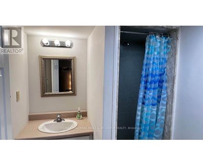 A bathroom with a sink, mirror, and shower curtain.