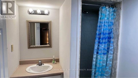 A bathroom with a sink, mirror, and shower curtain.