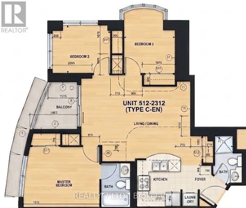 A floor plan for a real estate listing shows a unit with two bedrooms, a balcony, and a living area.