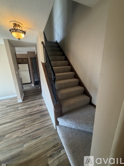 A staircase with a carpeted runner and wooden steps.
