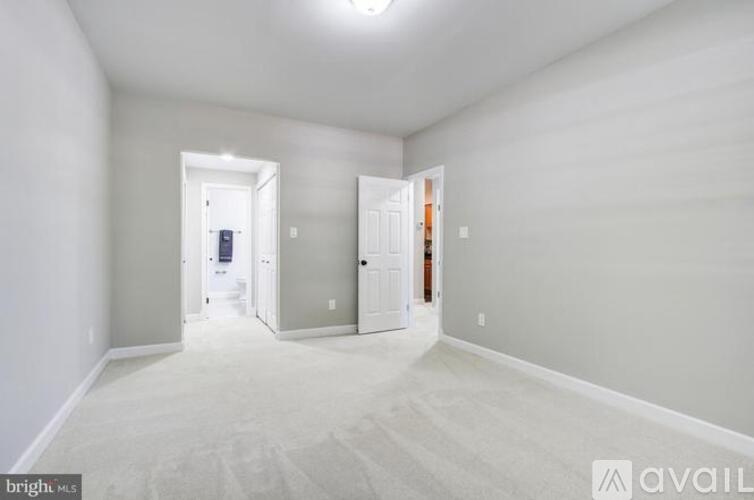 A spacious room with two doors and a carpeted floor.
