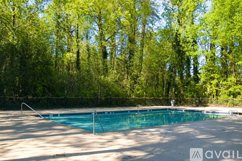 A pool surrounded by trees in a sunny day.