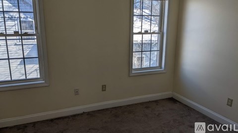 A room with two windows and carpeted flooring.