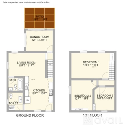 A floor plan of a house with a bonus room and three bedrooms.