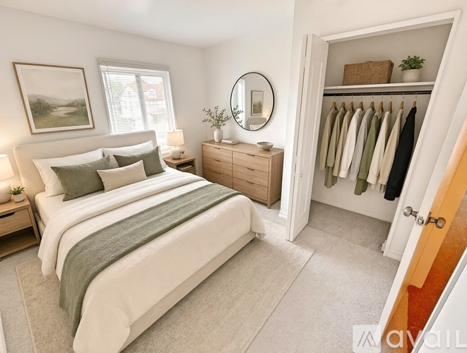 A bedroom with a large bed, a dresser, and a wardrobe.
