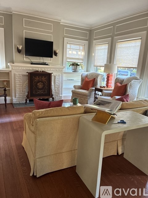 A living room with a fireplace and a television.