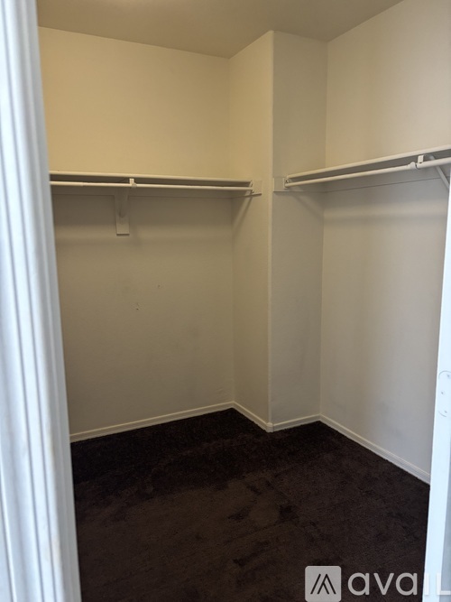 A small, empty closet with two shelves and a carpeted floor.