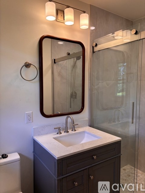 A bathroom with a sink, mirror, and toilet.