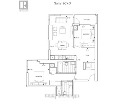A floor plan for a suite with two bedrooms and a den.
