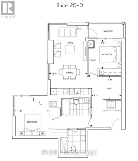 A floor plan for a suite with two bedrooms and a den.