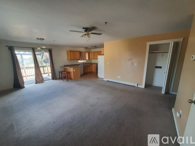 A spacious living room with a ceiling fan and sliding glass doors leading to a balcony.