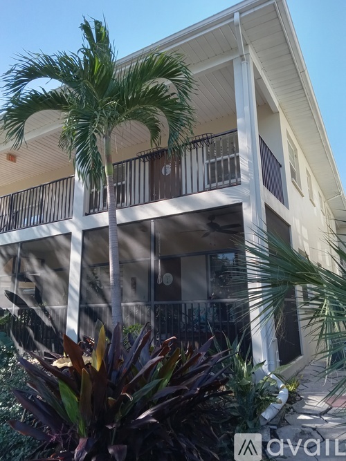 A white building with a balcony and a palm tree in front.