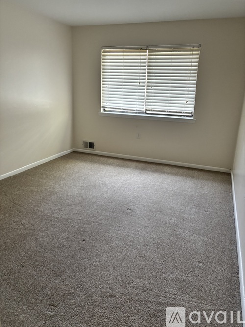 A room with a window covered by white blinds and a carpet on the floor.