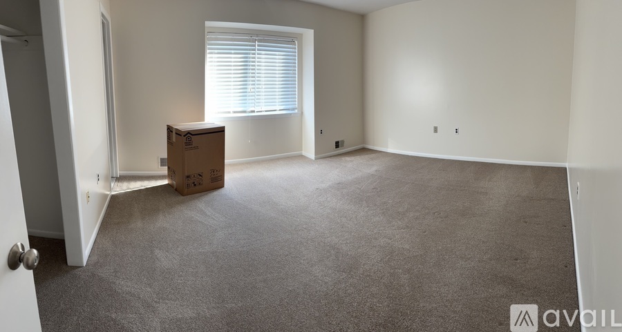 A room with a carpeted floor, a window with blinds, and a cardboard box.