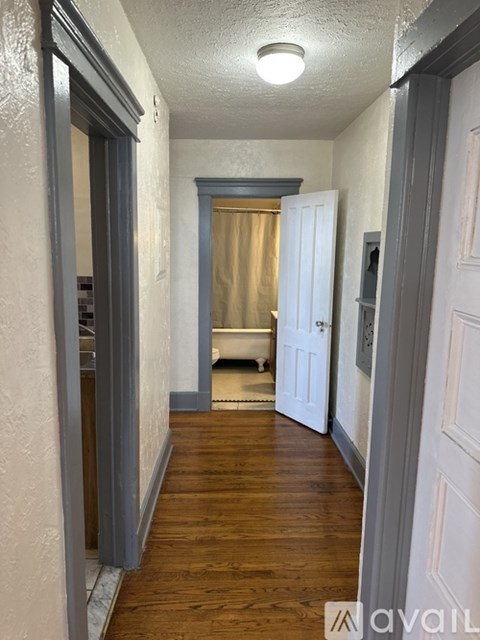 A hallway with a white door and a brown floor.