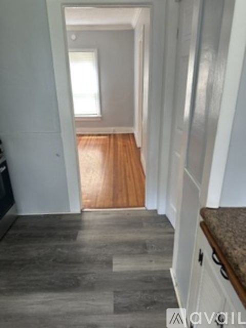 A hallway with a wooden floor leads to a door.