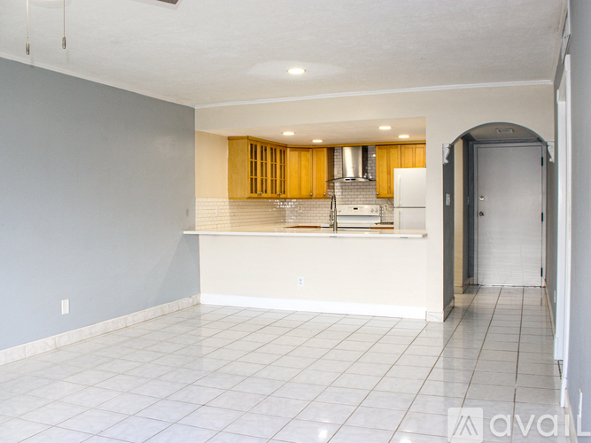 A kitchen area with a counter and cabinets.
