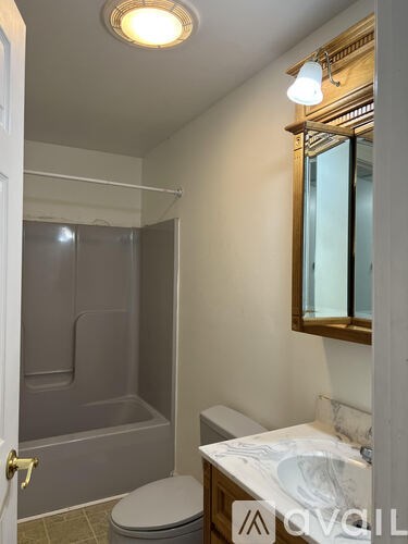 A bathroom with a toilet, sink, and shower.