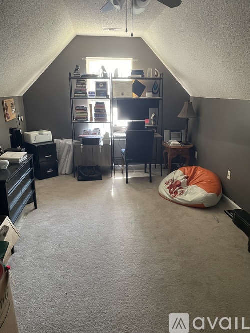A room with a fan, a desk, a chair, and a bean bag.