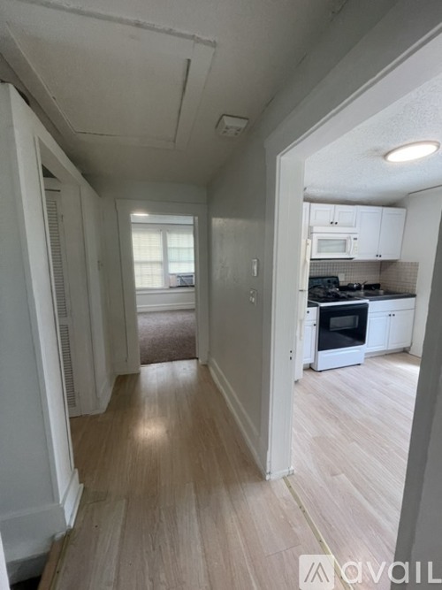 A hallway with a kitchen visible through the door.