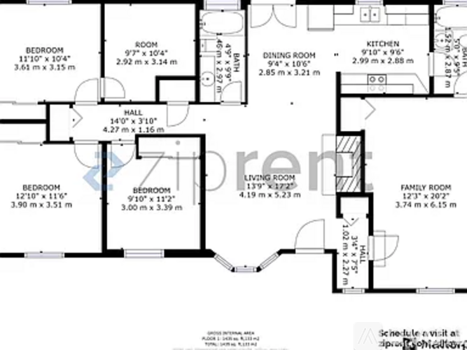 A floor plan of a house with labeled rooms and their dimensions.