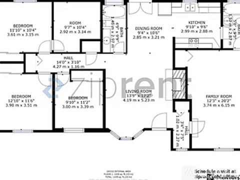 A floor plan of a house with labeled rooms and their dimensions.
