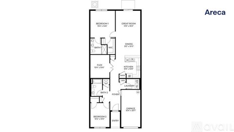 A floor plan of an apartment named Areca with two bedrooms, a great room, a laundry room, and a bathroom.