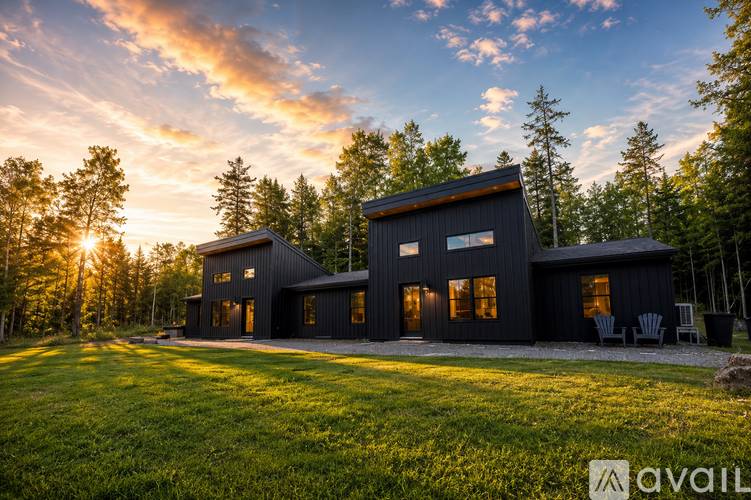 A modern house with a black exterior is surrounded by a grassy lawn and trees.