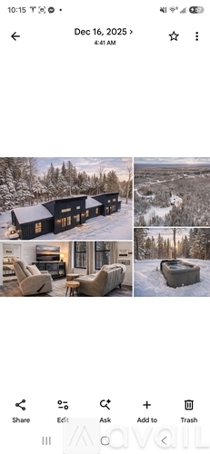 A series of images showing a snowy landscape, a house, and a hot tub.