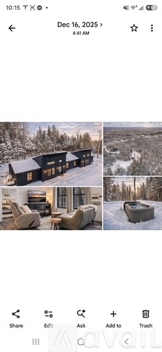 A series of images showing a snowy landscape, a house, and a hot tub.