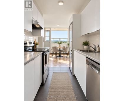 A modern kitchen with white cabinets and stainless steel appliances.
