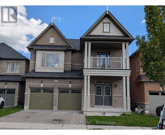 A two-story house with a garage is for sale.