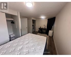 A bedroom with a large bed and a small closet.