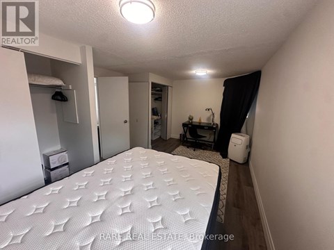 A bedroom with a large bed and a small closet.